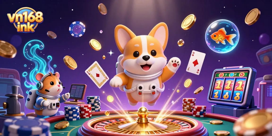 Win big with vn168 ink as the astronaut corgi floats through a dazzling casino scene.