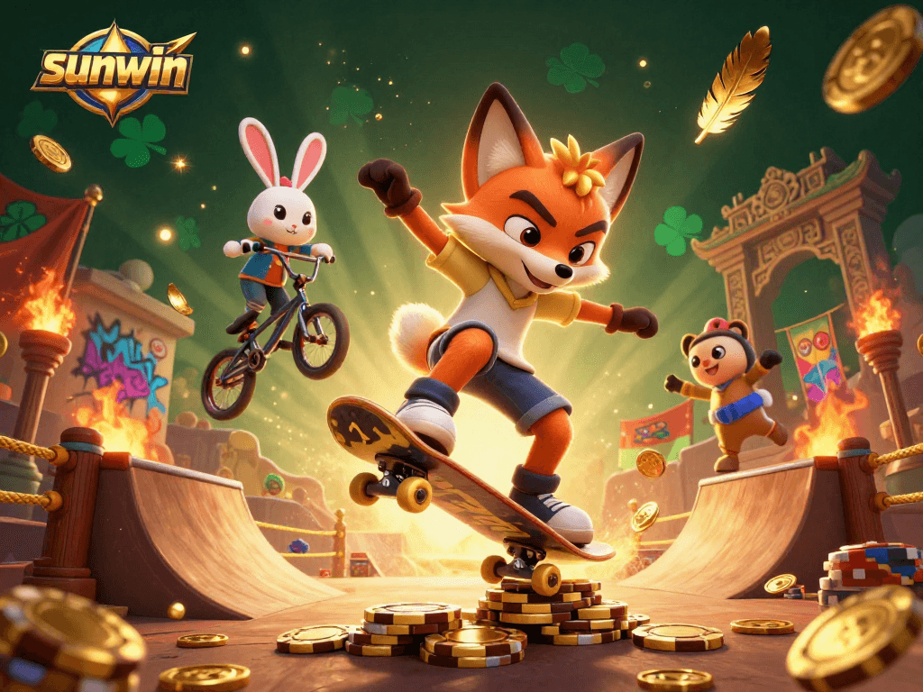 Engage with the vibrant energy of sunwin as a skateboard fox performs tricks on a golden poker chip ramp.