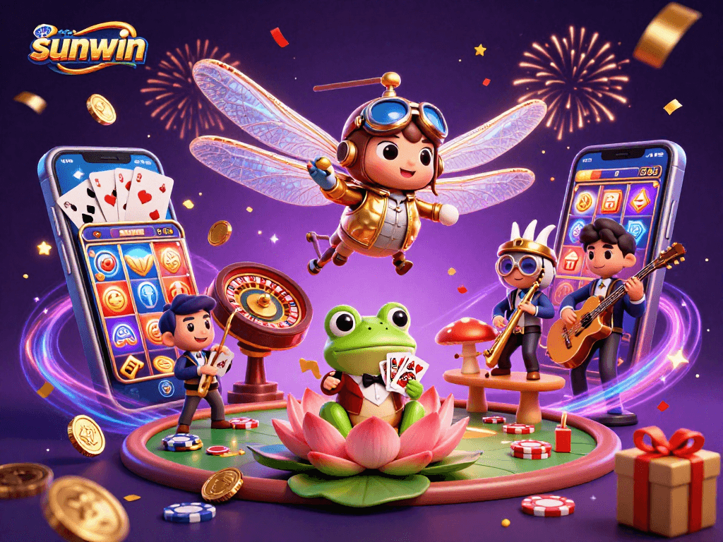 Sunwin casino scene with dragonfly pilot and frog croupier, celebrating thrills and jackpots.