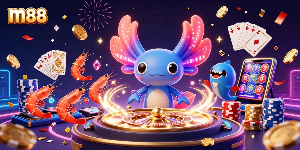Experience the vibrant m88 online gambling scene with energetic characters and dynamic casino elements.