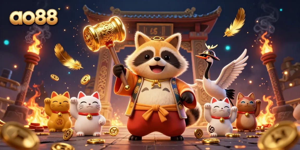 Experience the excitement of ao88 with a cheerful tanuki and samurai crane in a vibrant casino-themed scene.