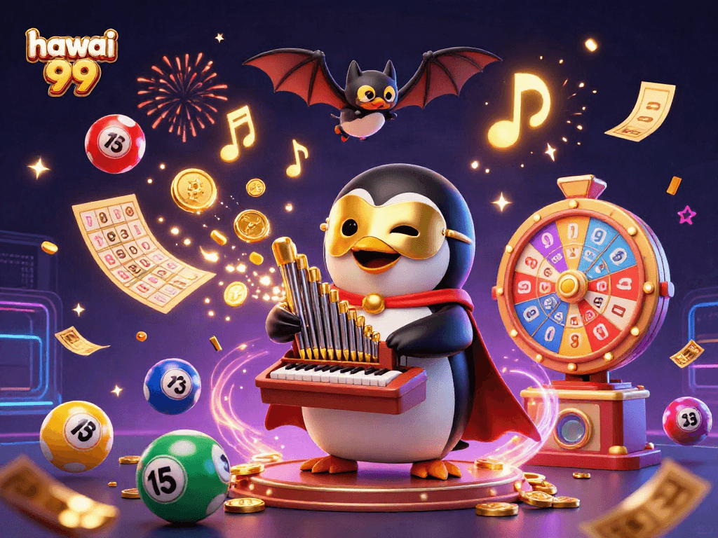 Experience the thrill of hawai 99 with penguin organist playing golden notes and lottery excitement!