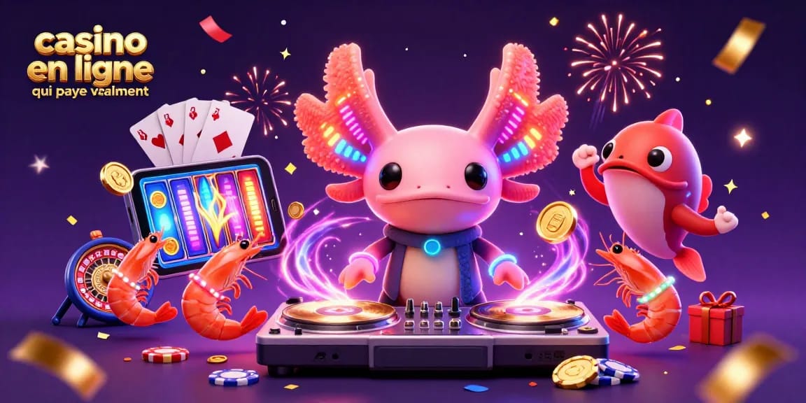 Casino en ligne qui paye vraiment : animation festive d'un DJ axolotl et crevettes dans un cadre de jeu sous-marin.