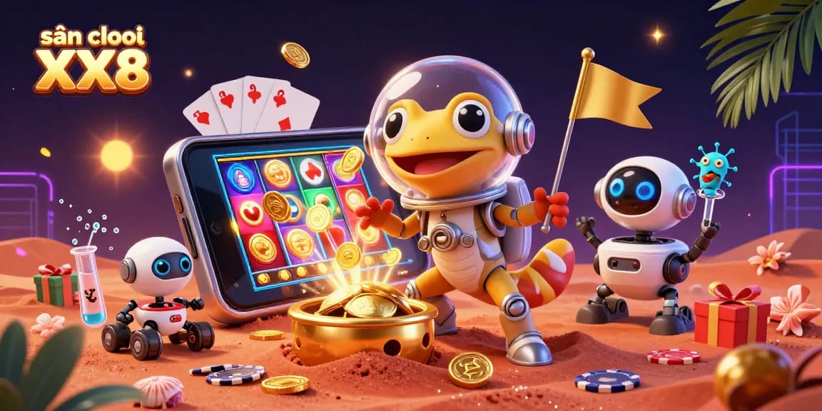 Engage at sân chơi XX8, featuring a Martian gecko discovering a golden casino, surrounded by vibrant gaming elements.