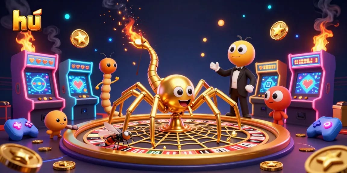 Experience exciting bets at hu with a vibrant casino-themed scene featuring a golden spider and lively game elements.