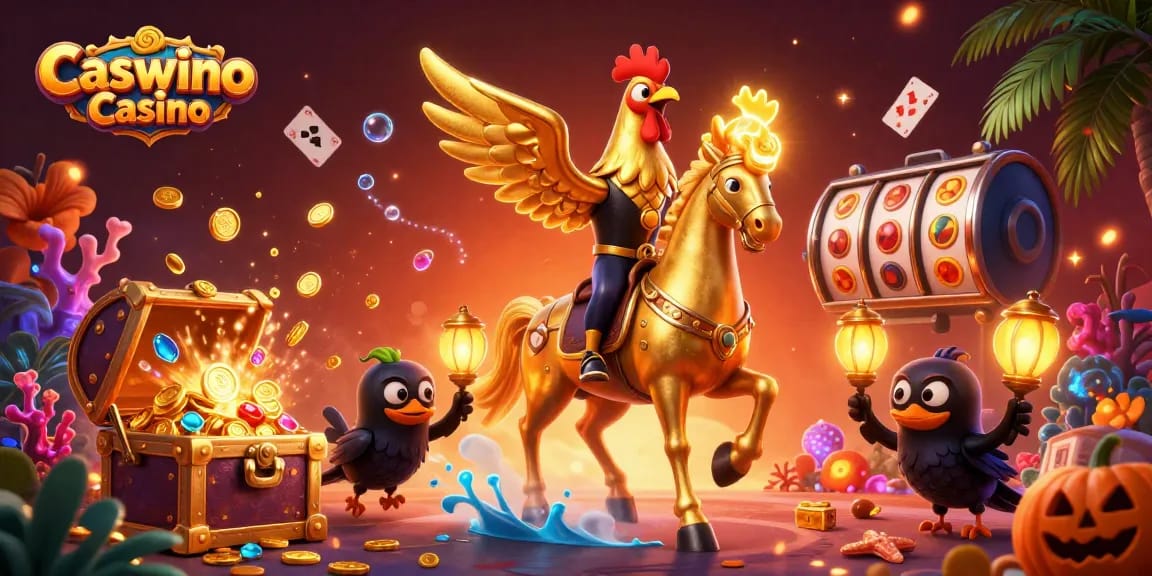 Experience the thrill of Caswino Casino with vibrant, engaging 3D casino illustration featuring slot reels and more.