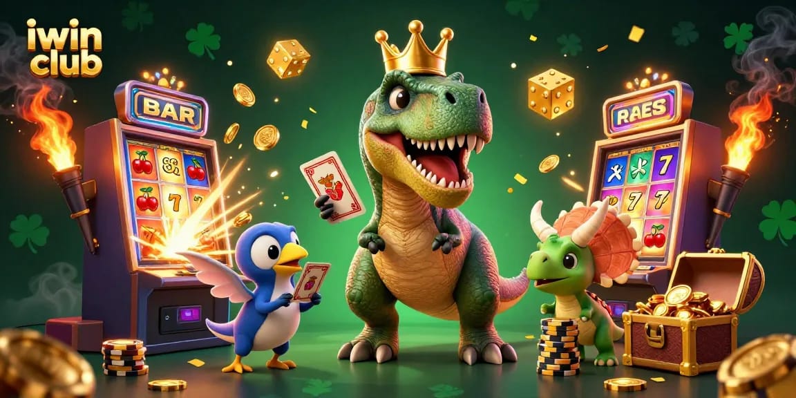 Join the fun at iwin club with a playful T-Rex shuffling cards and vibrant casino elements!