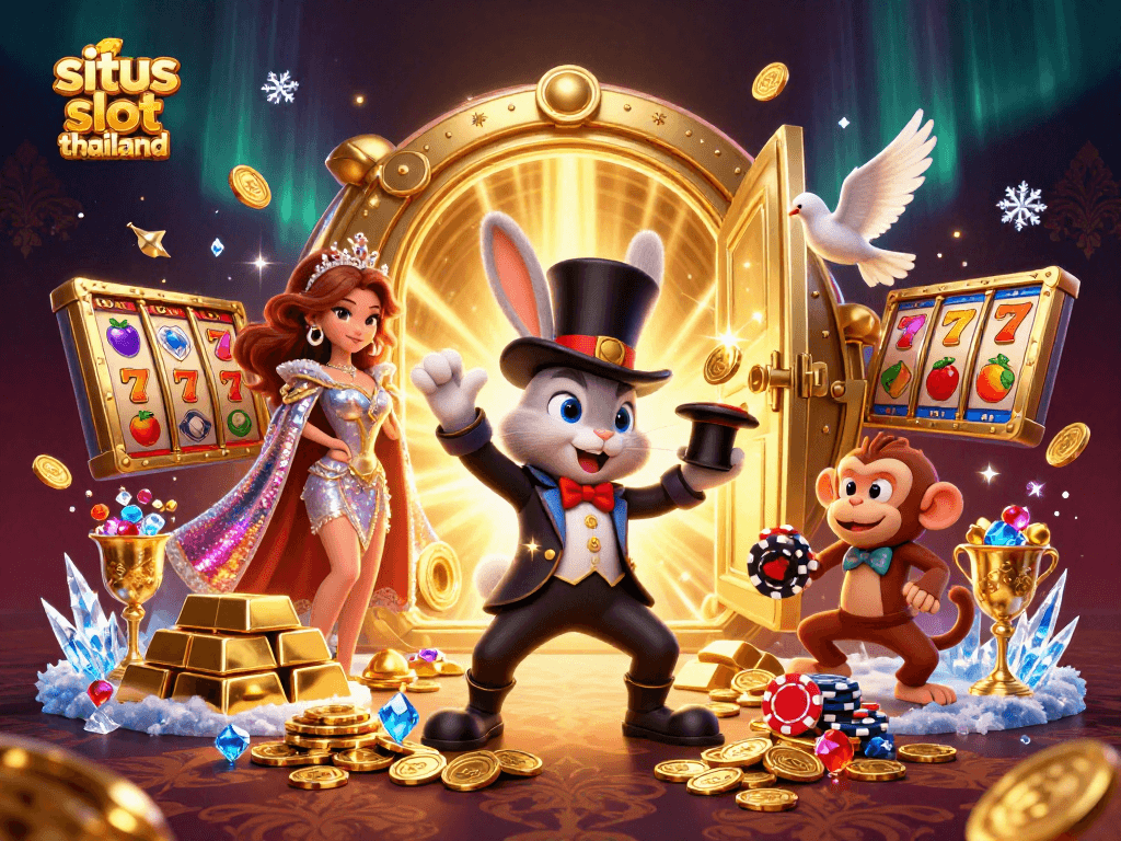 Experience situs slot thailand with a magical scene of a rabbit and treasures celebrating big wins.