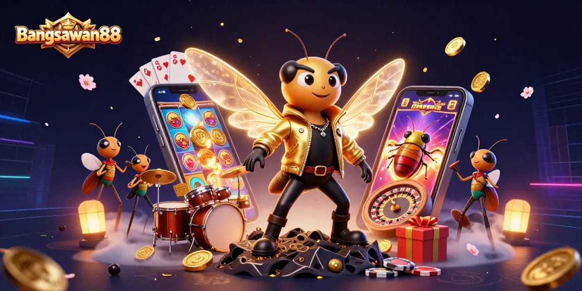 Bangsawan88 captivates with a vibrant 3D illustration featuring a cicada rock star celebrating the excitement of online slots.