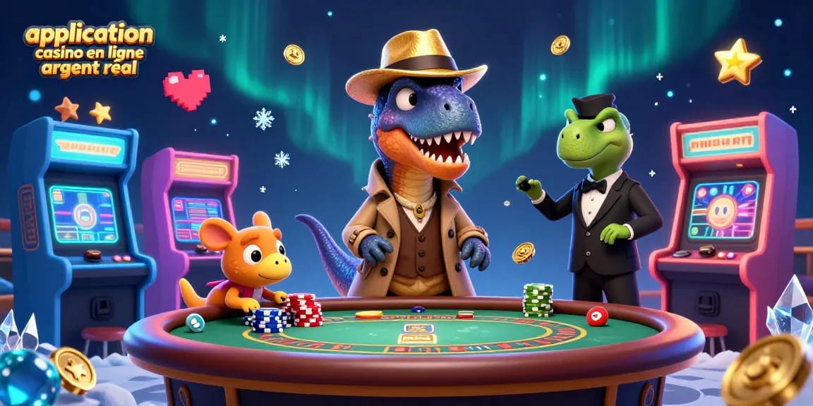 Un velociraptor maître des cartes dans une application casino en ligne argent réel surveillé par un pit boss stégosaure.