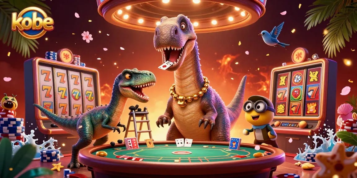 Kobe themed casino illustration with a brontosaurus and poker table for online gaming.