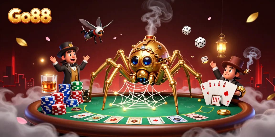Experience thrilling moments at Go88 casino with a steampunk spider catching dice in a vibrant poker web.