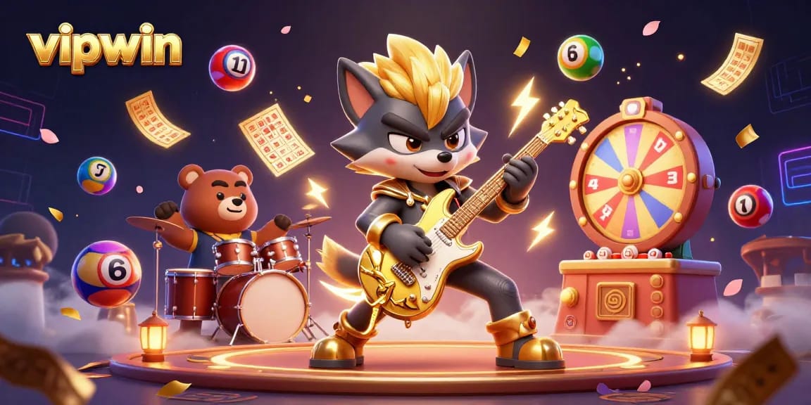 Celebrate winnings with a vibrant casino scene featuring vipwin's cartoon wolf and bear characters.
