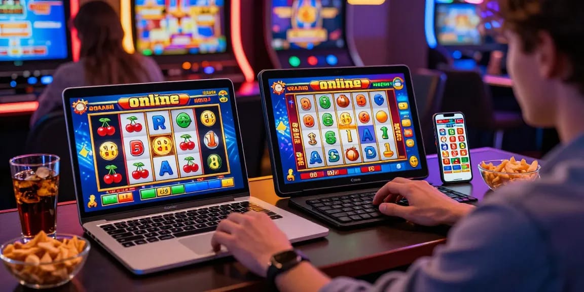 Engaging scene of a player enjoying slot online games on various devices, showcasing vibrant graphics and a lively atmosphere.