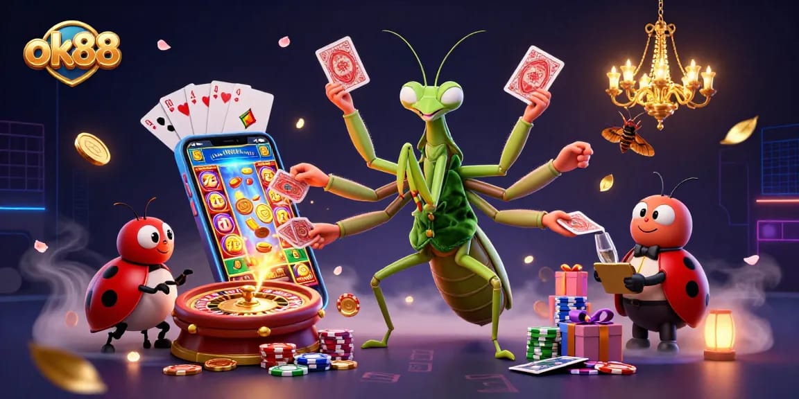 Enjoy exciting gameplay with ok88, featuring a vibrant casino scene with unique characters and thrilling elements.