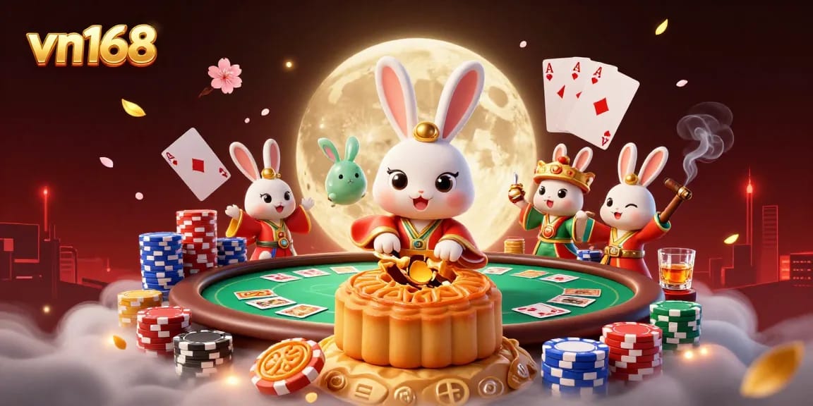 Experience the excitement of vn168 with this immersive poker-themed lunar scene featuring casino elements and enchanting characters.