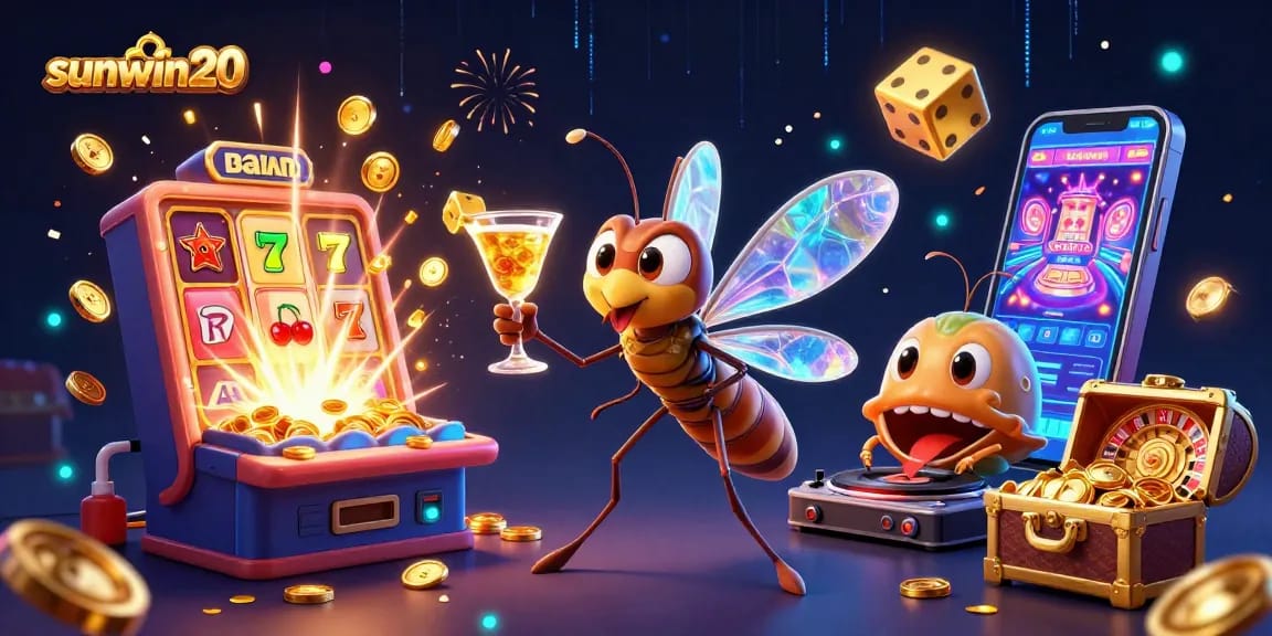 Experience the thrill of sunwin20's casino games with vibrant 3D characters, including a nostalgic mascot and dynamic roulette wheel.