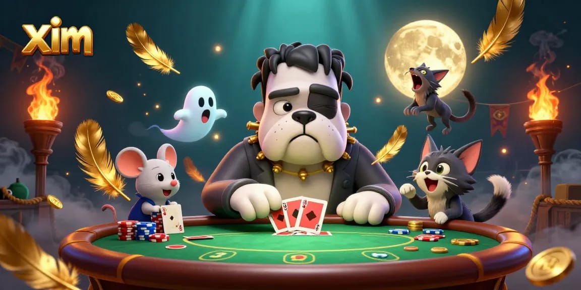 XIM poker scene featuring a Frankenstein bulldog dealer, ghost mouse, and werewolf kitten