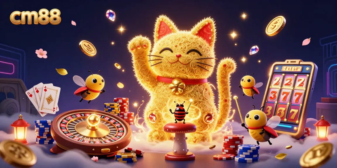 cm88 showcases an enchanting lucky cat animated by fireflies, surrounded by sparkling casino symbols and dynamic coins.
