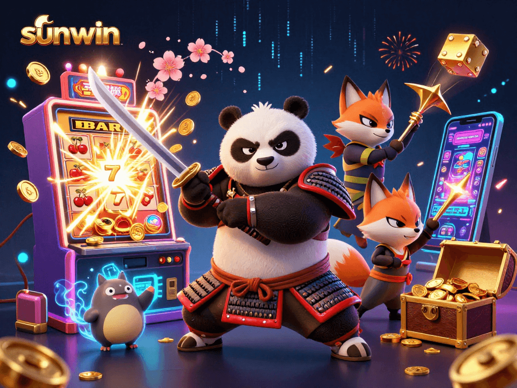 Experience the excitement of sunwin with a samurai panda and ninja fox amidst a jackpot explosion