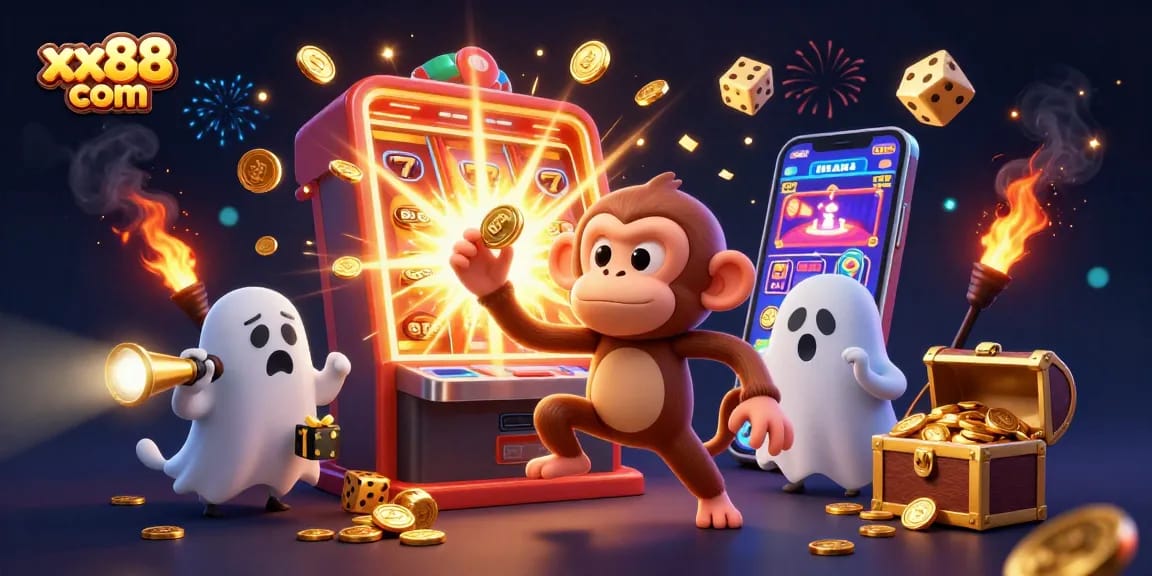 Engage with exciting gameplay at xx88 com while juggling golden treasures in a vibrant casino scene.