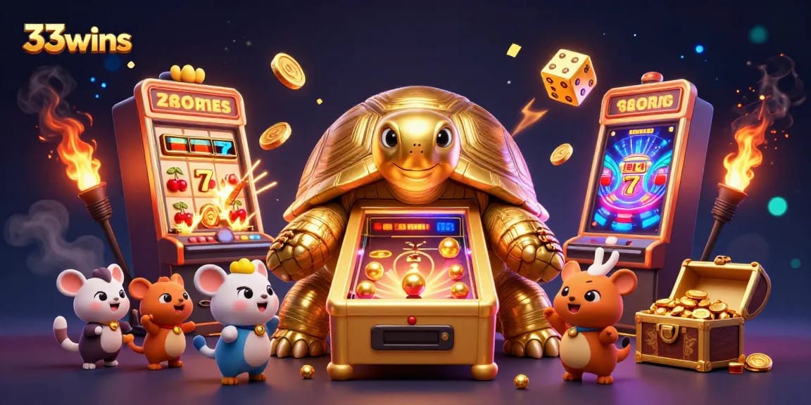 Exciting scene depicting 33wins with a dynamic gold tortoise pinball machine and explosive casino action.