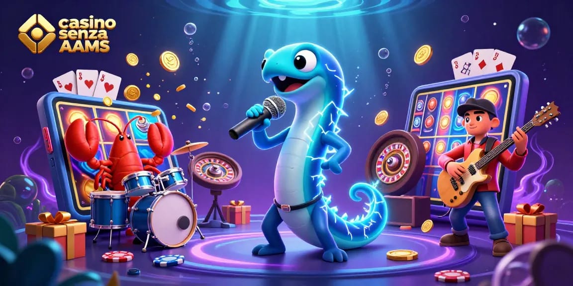 Giocatori si divertono nei casinò senza AAMS con slot e roulette in un'illustrazione vivace.