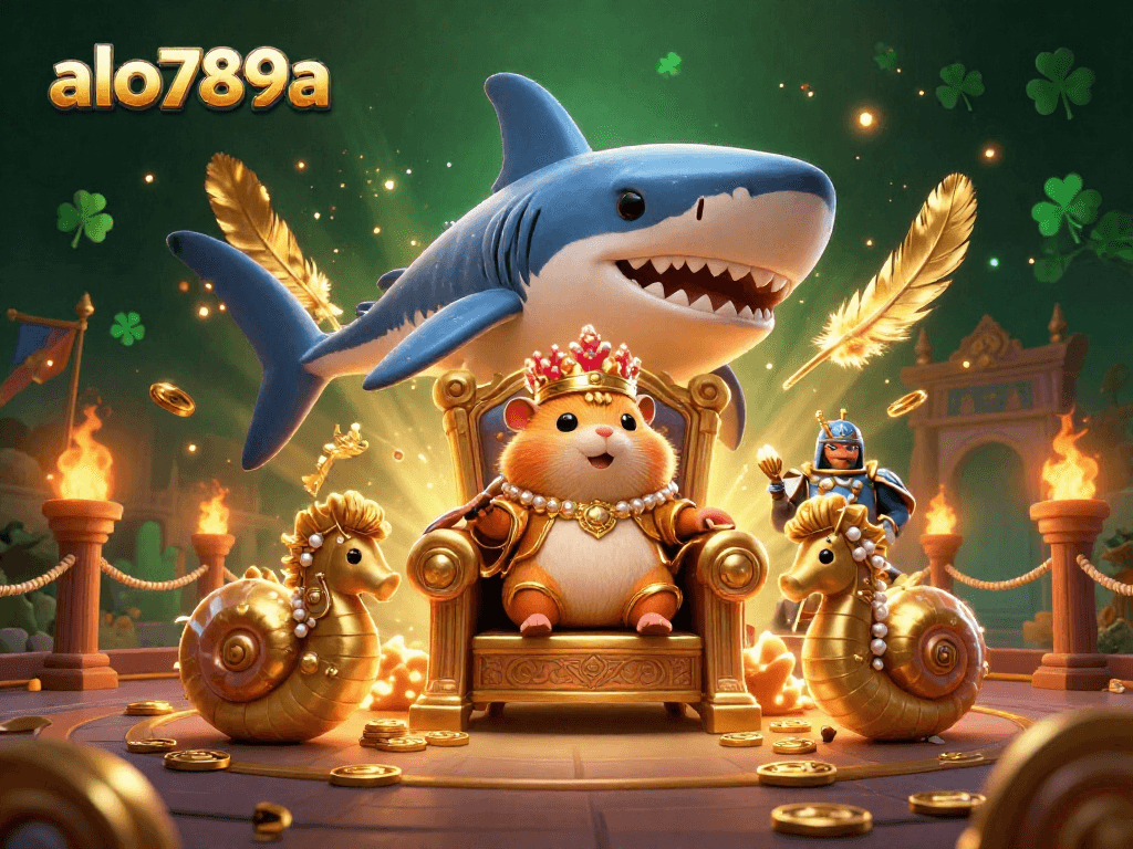 A dynamic illustration of alo789a showcasing a golden hamster king in a gambling arena surrounded by royal seahorse guards and glamorous elements.