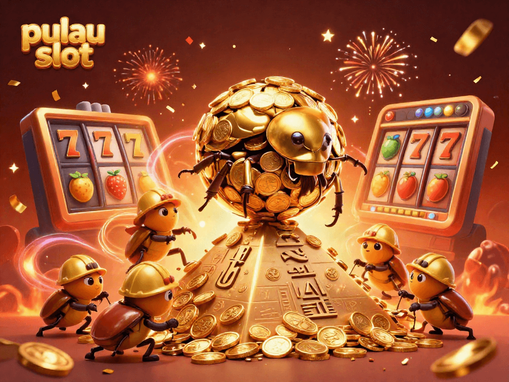 Engage with pulau slot and immerse in a vibrant 3D casino scene featuring golden beetles and jackpot reels.