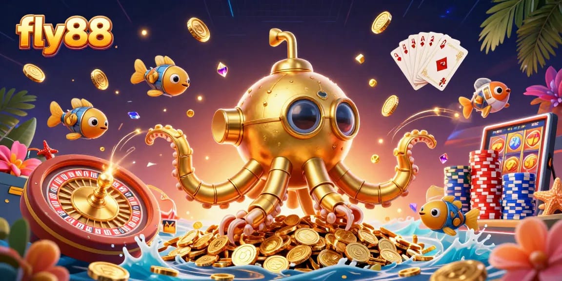 Experience thrilling entertainment with fly88's vibrant gaming scene featuring a golden kraken amidst cascading coins.