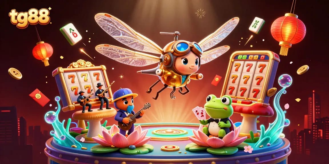 Experience thrilling gameplay with tg88 in a vibrant 3D casino illustration featuring dynamic characters and elements.