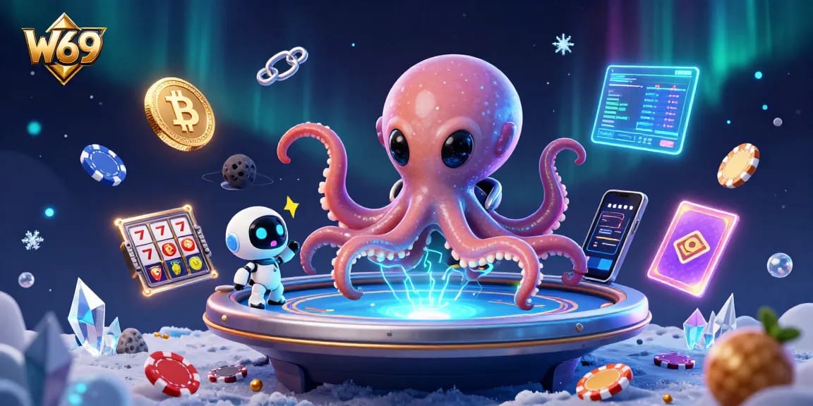 Engage in thrilling W69 casino gameplay as an alien octopus operates a holographic poker table.