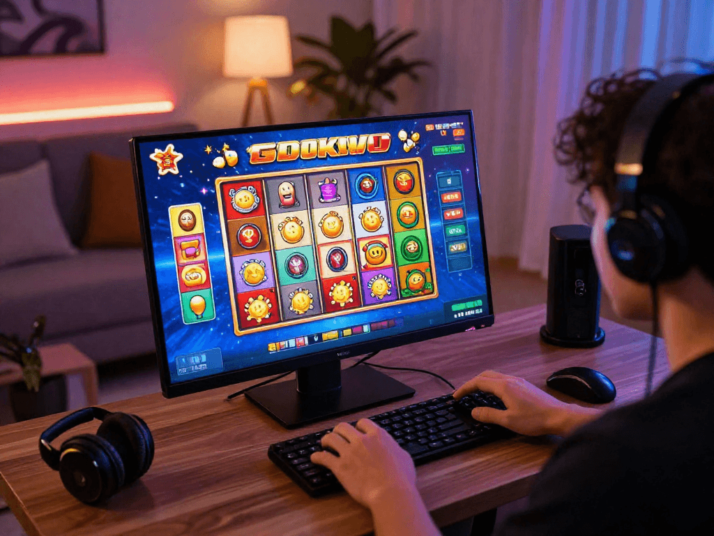 Dynamic gaming environment showcasing a player engaging with situs slot gacor, vibrant graphics, and jackpot animations.