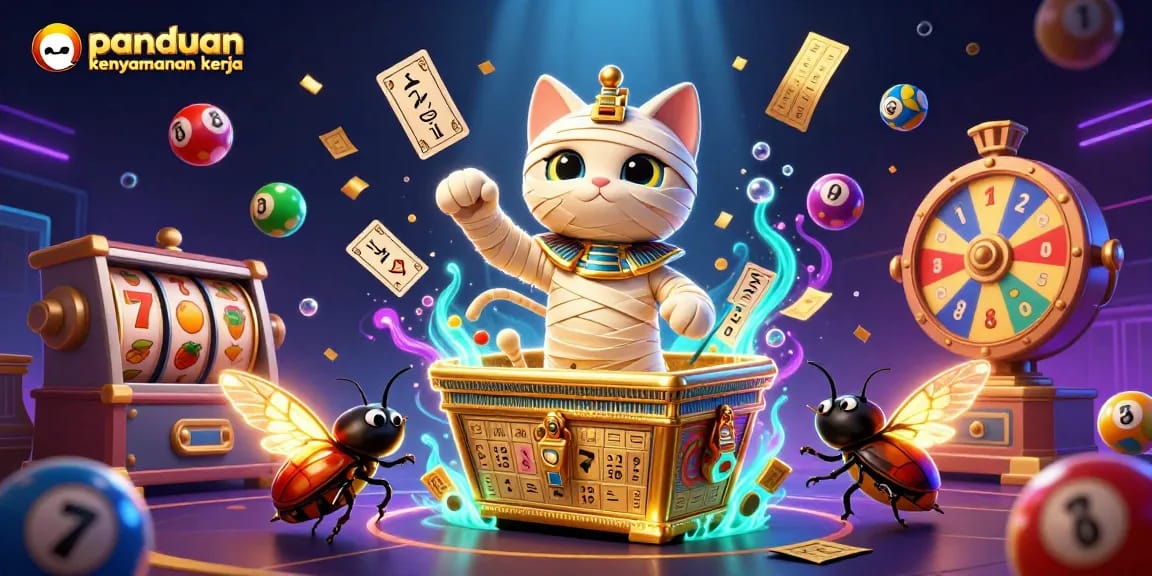 Engaging illustration showcasing a cartoon mummy cat and scarab in a vibrant casino scene, highlighting panduan kenyamanan kerja.