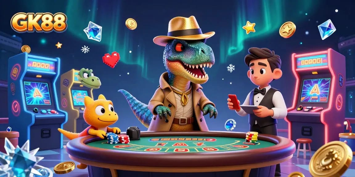 GK88 casino scene showcasing a velociraptor card counter,stealthy pickpocket, and st suspicious pit boss.