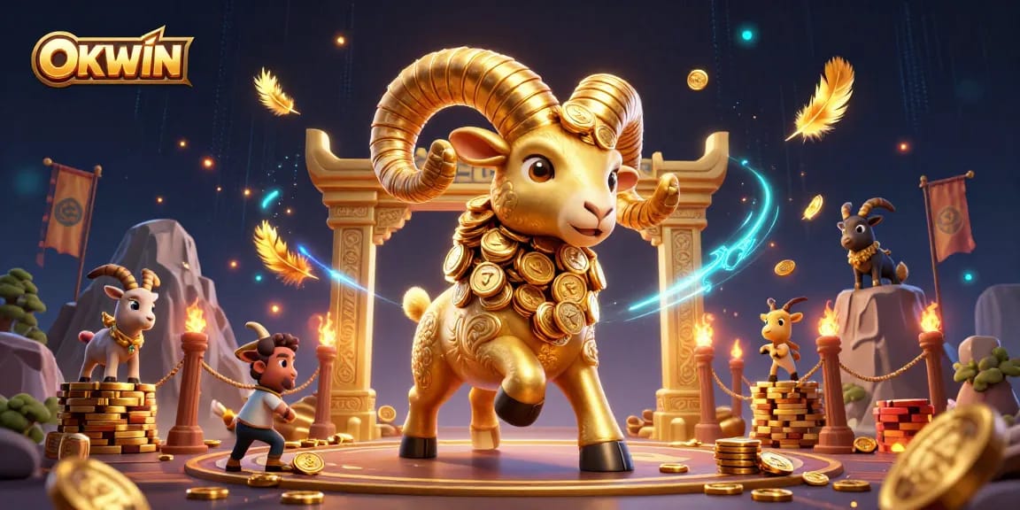 Engage in thrilling casino action at OKWIN with golden rams and vibrant game elements.