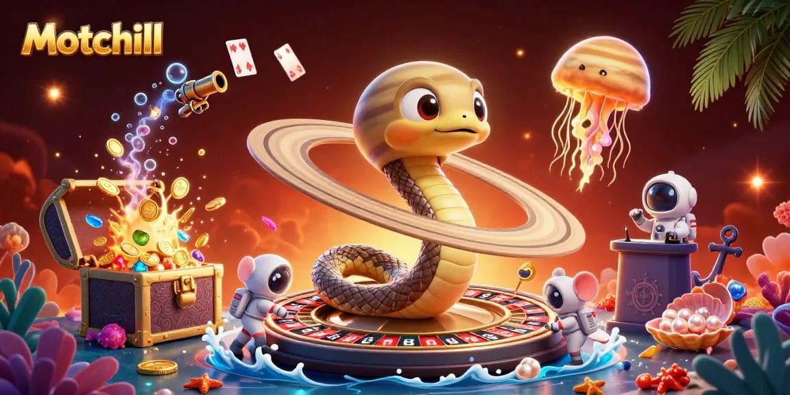 Engage in thrilling gameplay with Motchill's cosmic casino scene featuring unique elements like roulette and vibrant marine treasures.