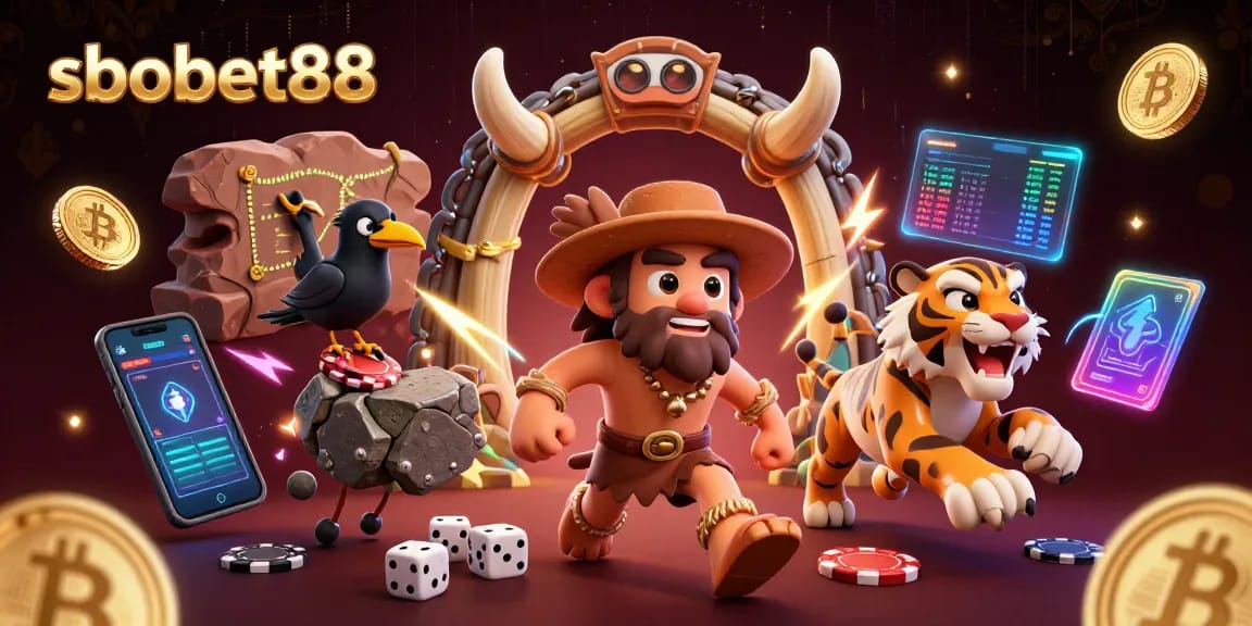 Experience sbobet88 with a vibrant casino scene featuring cavemen, a tiger, and a clever crow.