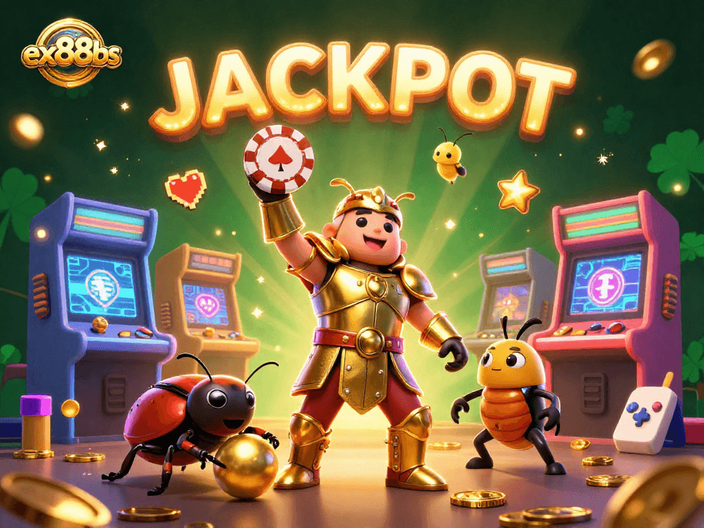 Celebrate winning moments with ex88bs, featuring a heroic beetle in a vibrant casino scene.