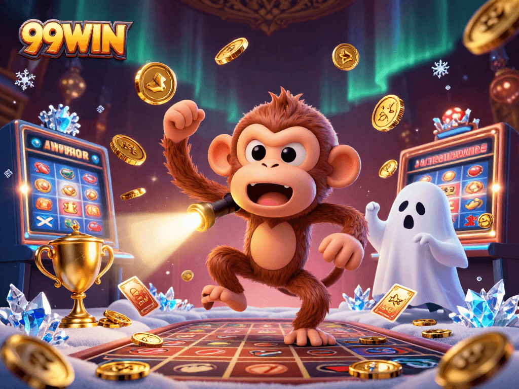 Engage with 99WIN's thrilling casino adventure featuring a mischievous monkey and a curious puppy in a vibrant illustration.