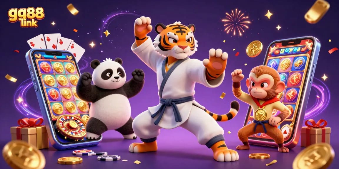 Engage in gaming excitement with gg88 link: a tiger master showcases skills among dynamic casino elements, vivid and colorful.