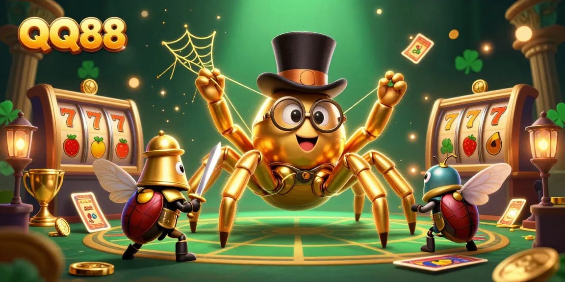 Experience QQ88's thrilling casino world with a golden tarantula and brave beetle knight!
