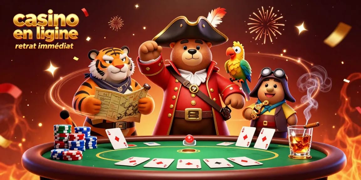 Vivez l'excitation du casino en ligne retrait immédiat avec une scène de jeu animée où un ours capitaine et un tigre explorent les trésors.