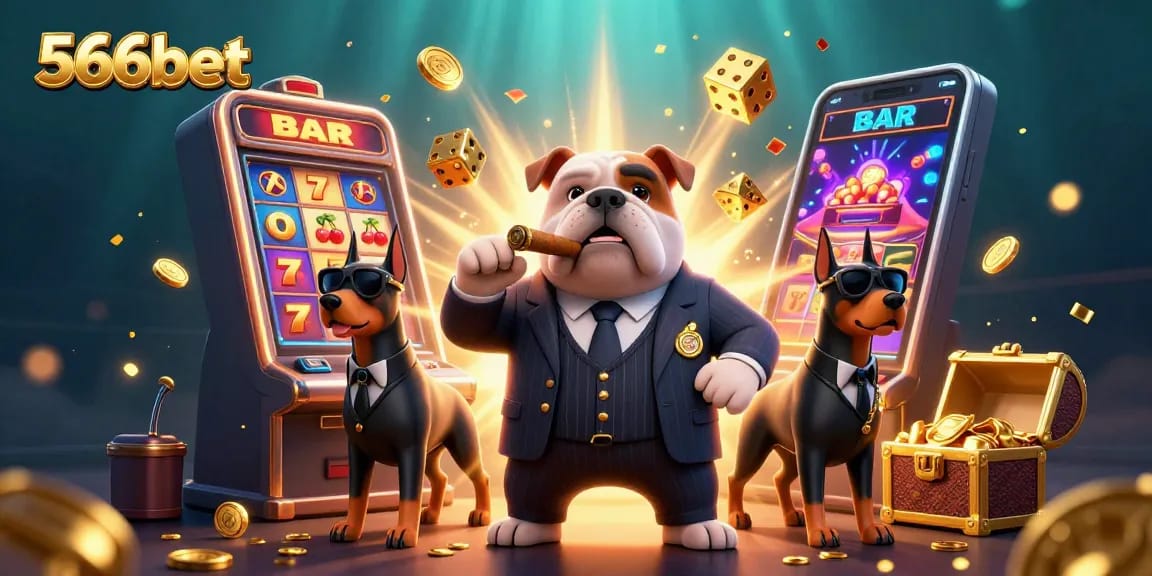 Experience the excitement of 566bet with a playful mafia bulldog and casino elements bursting into action.