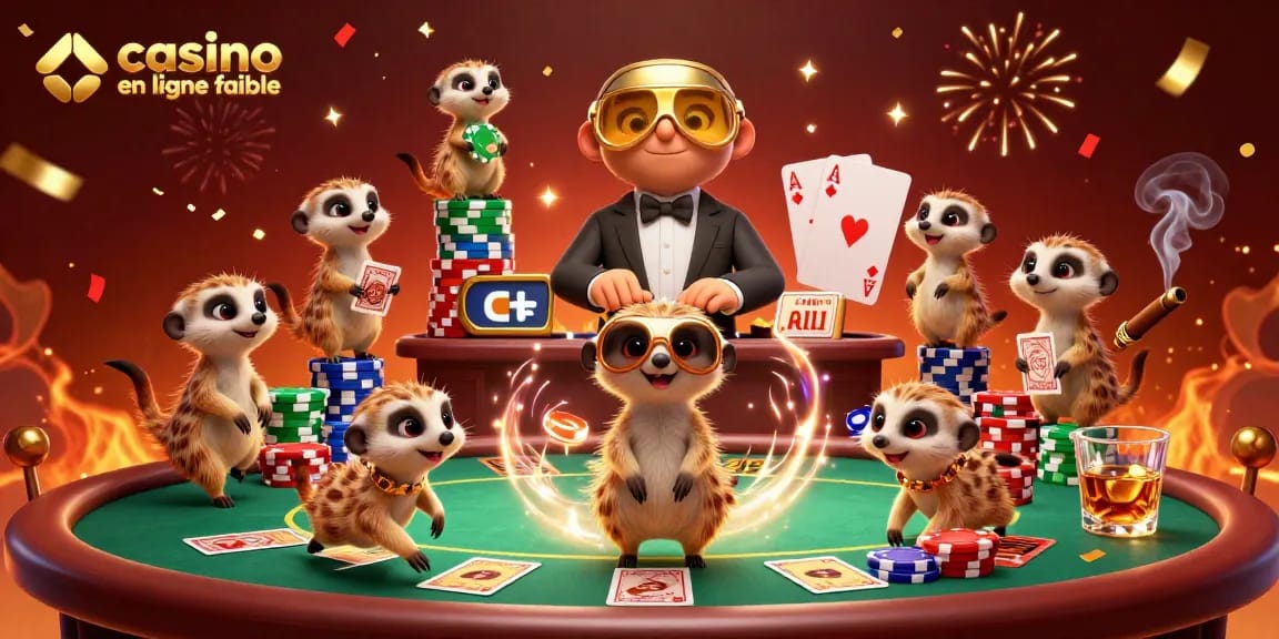 Casino en ligne fiable : des suricates gérant un casino dynamique avec des jetons de poker et des cartes