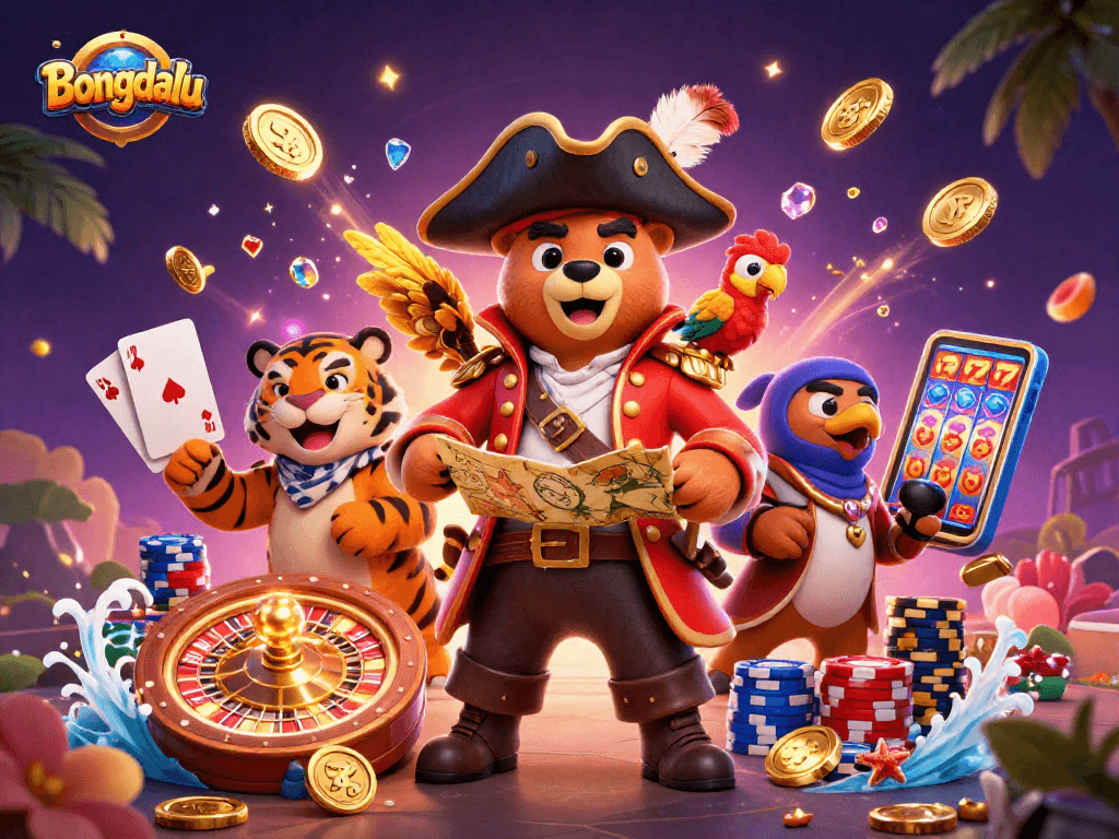Bongdalu showcases a vibrant casino experience featuring a pirate captain bear and his exotic crew amidst golden treasures.