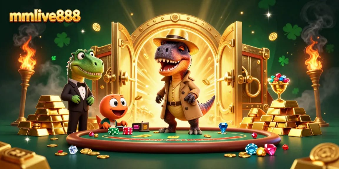 Engage with mmlive888 as a velociraptor card counter at a bustling casino scene filled with gold and jewels.