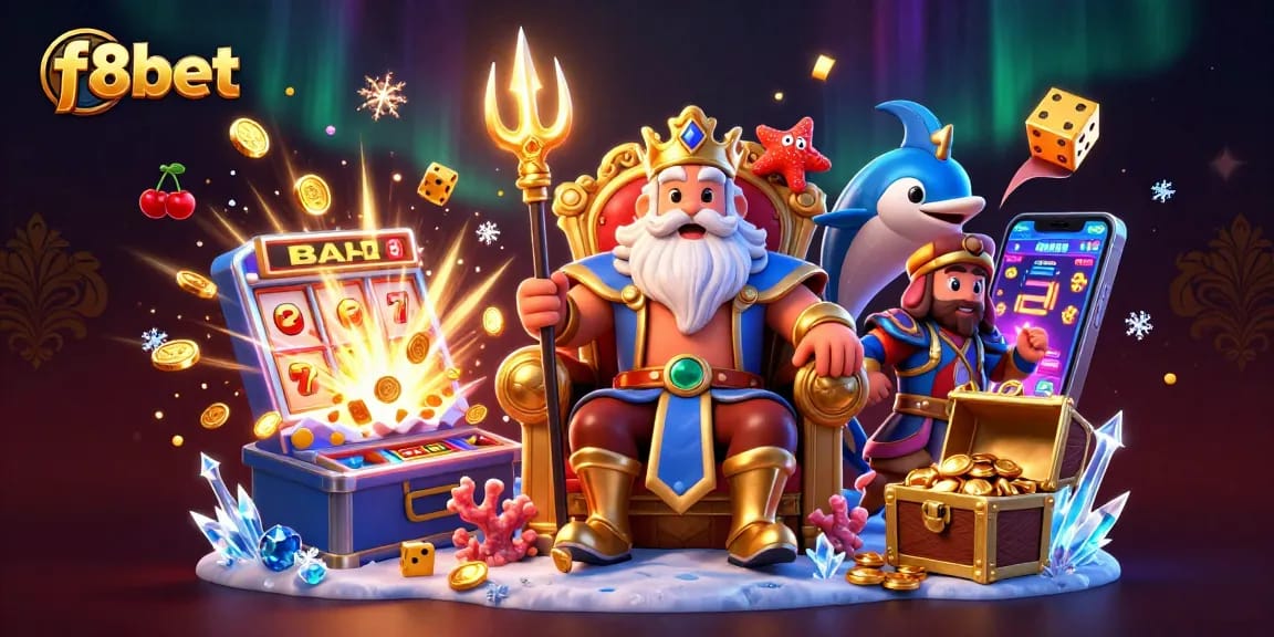Win big at f8bet with a vibrant 3D illustration showcasing exciting slot machines and gaming action.