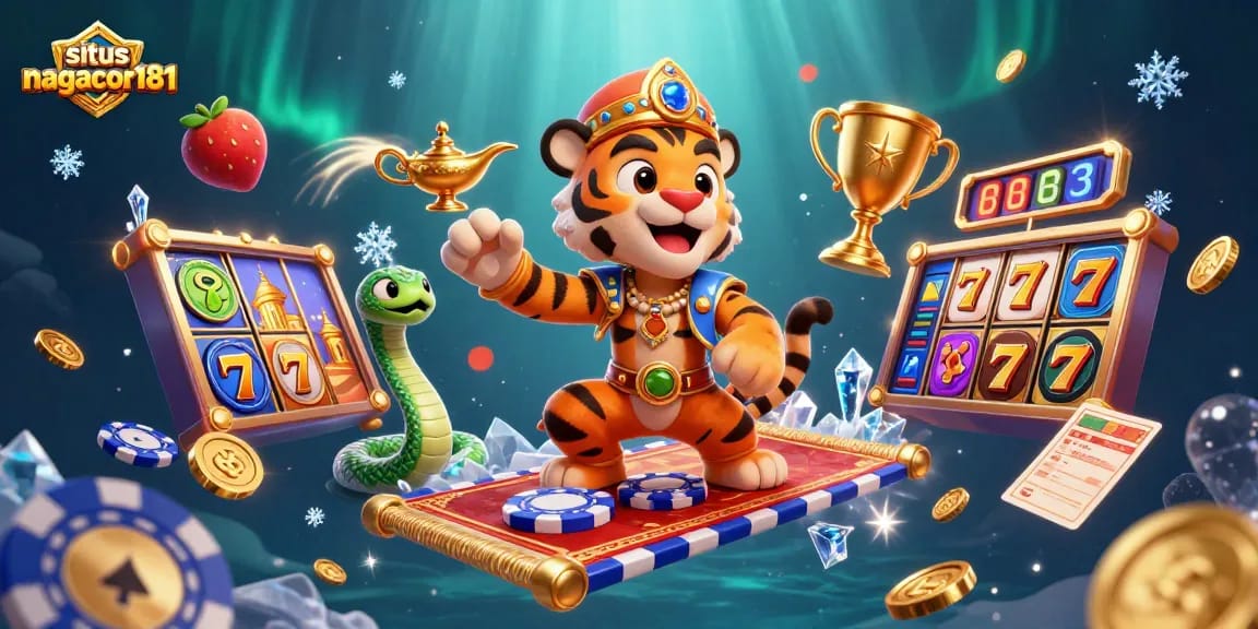 Experience situs nagacor181 with a vibrant 3D illustration of Arabian nights over a slot game adventure.