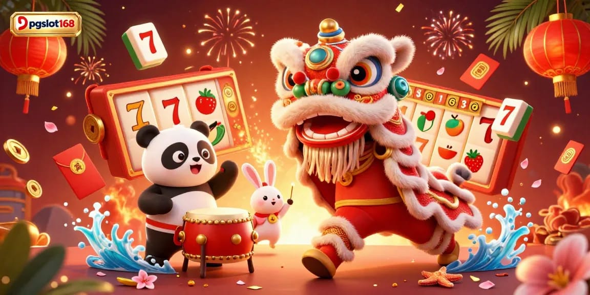 Engage with pgslot168's vibrant gaming scene of a lion dance with slot reels and festive elements.